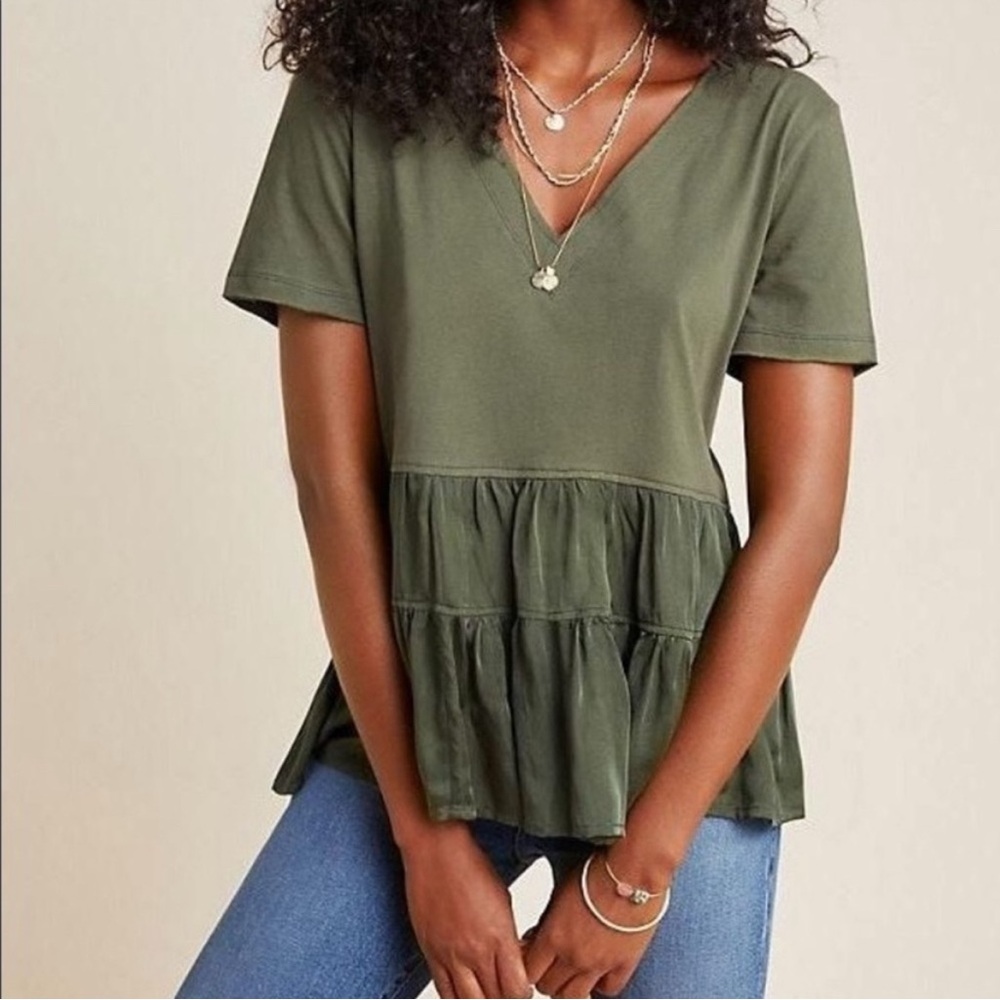 Anthropologie Maeve Green Tiered V-Neck Satin & Knit Peplum Top Boho Preppy XS